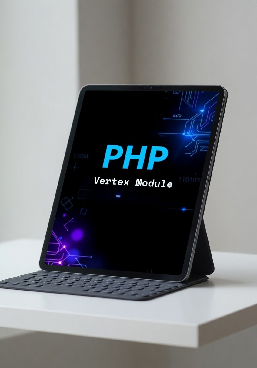 Tablet with 'PHP Vertex Module' on a black stand against a white background