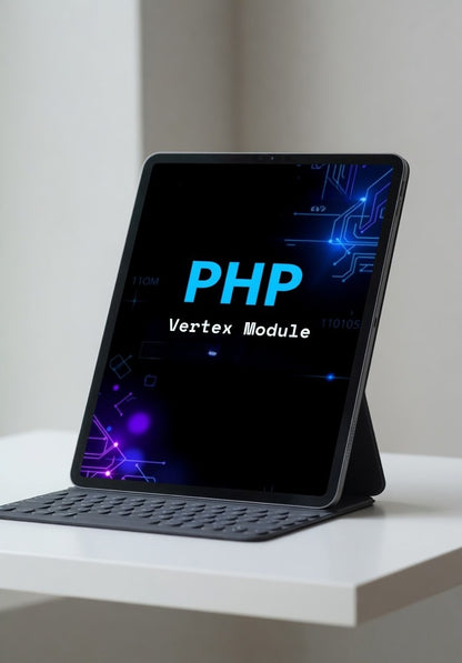 Tablet with 'PHP Vertex Module' on a black stand against a white background