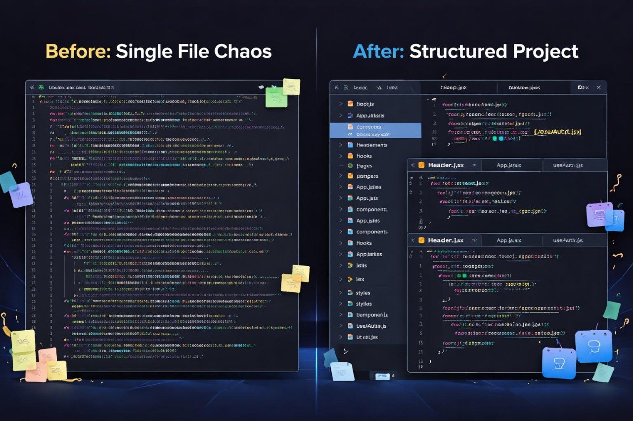 Comparison of a single file chaos project versus a structured project with folders and files.