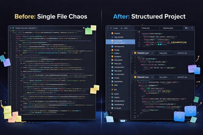 Comparison of a single file chaos project versus a structured project with folders and files.